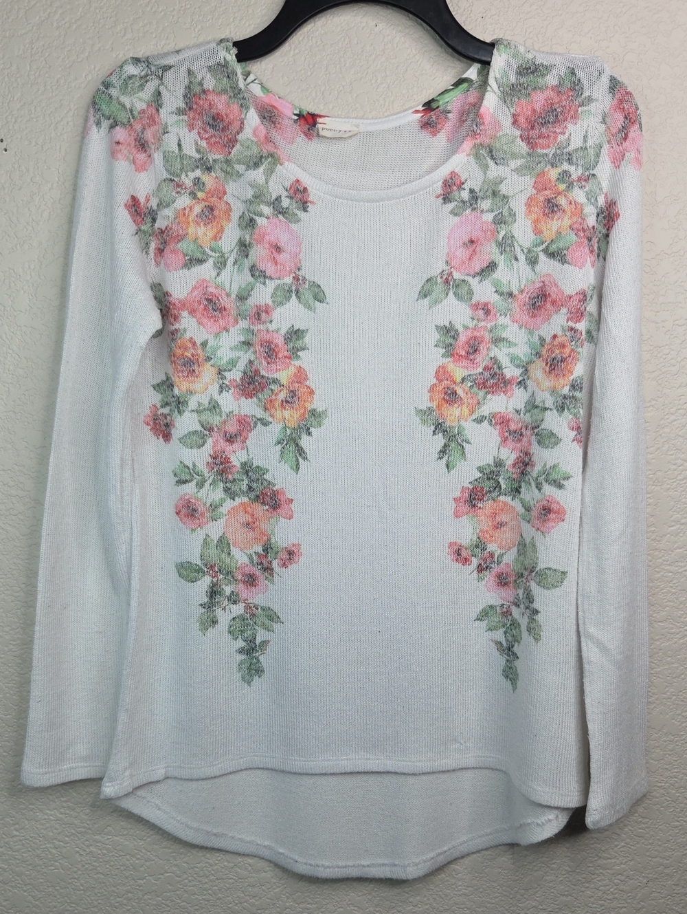 Floral Print Long-Sleeve Women's Top - White with Pink & Peach Flowers